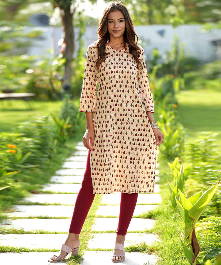 Cream handblock printed cotton kurti