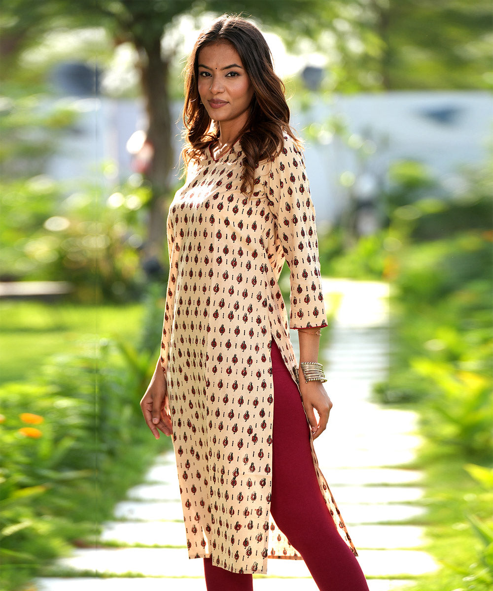 Cream handblock printed cotton kurti