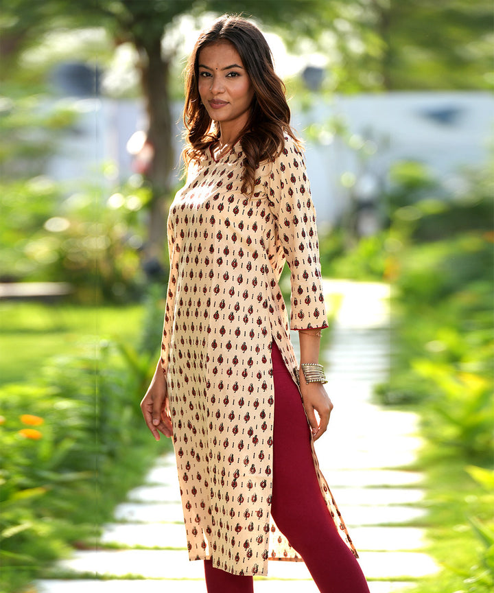 Cream handblock printed cotton kurti