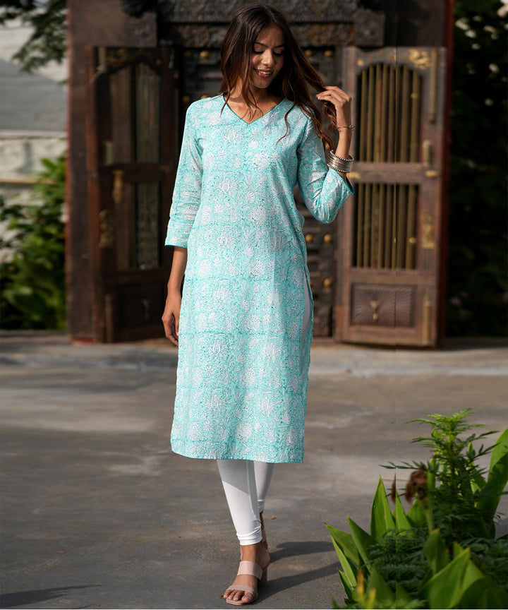 Blue handblock printed cotton kurti