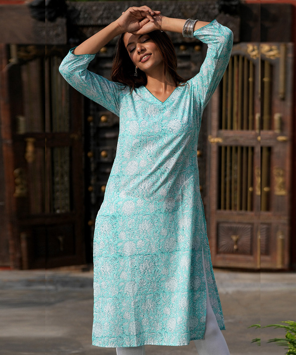 Blue handblock printed cotton kurti