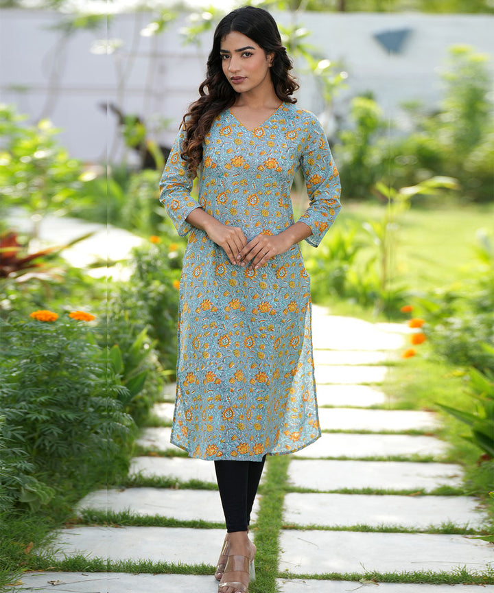 Grey handblock printed cotton kurti