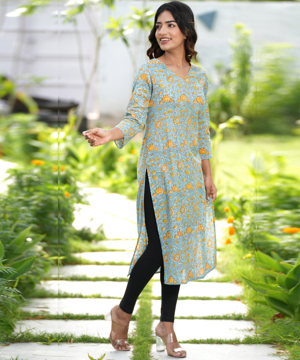 Grey handblock printed cotton kurti