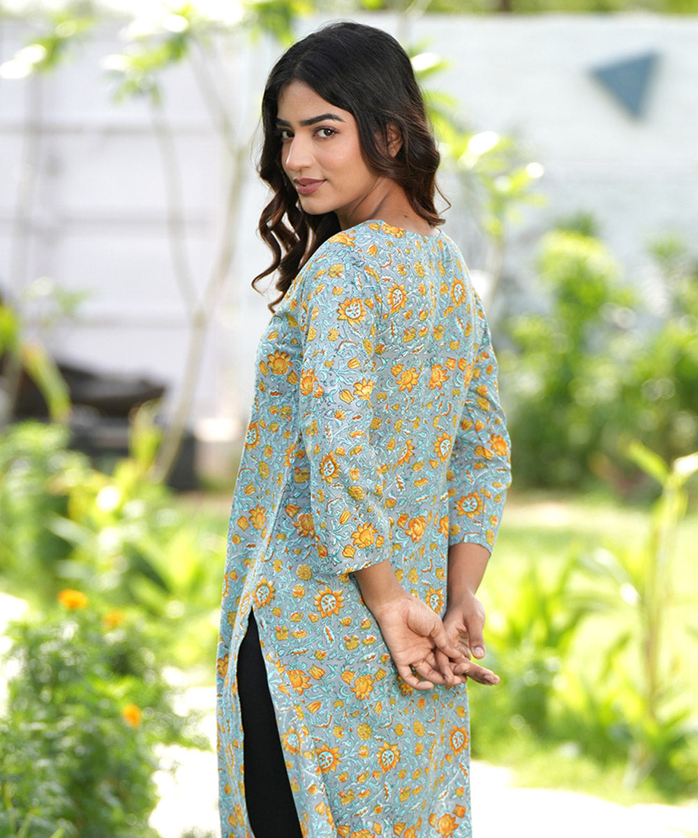 Grey handblock printed cotton kurti