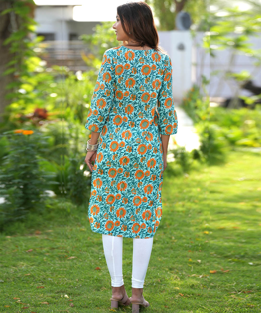 Green floral hand block printed cotton kurti