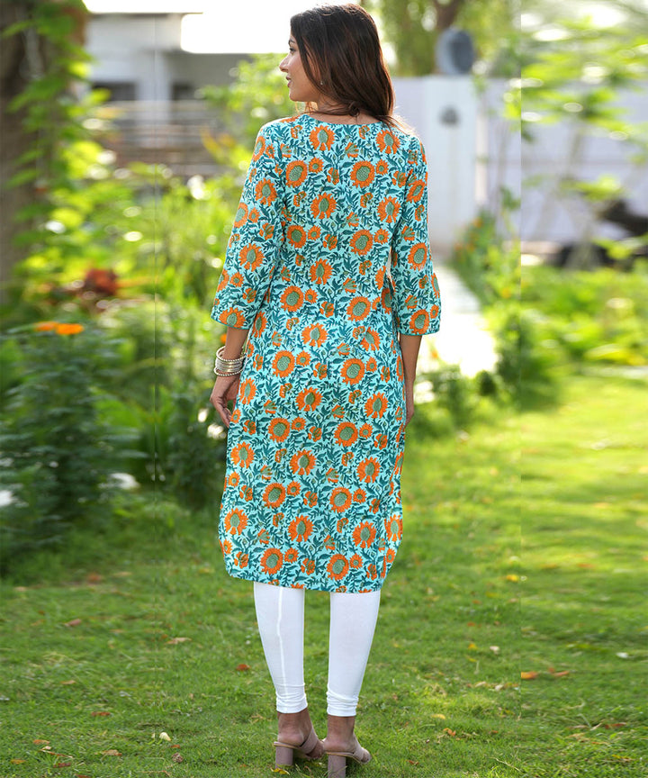Green floral hand block printed cotton kurti