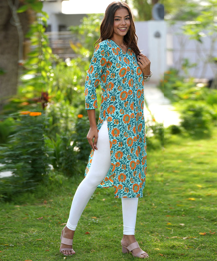 Green floral hand block printed cotton kurti