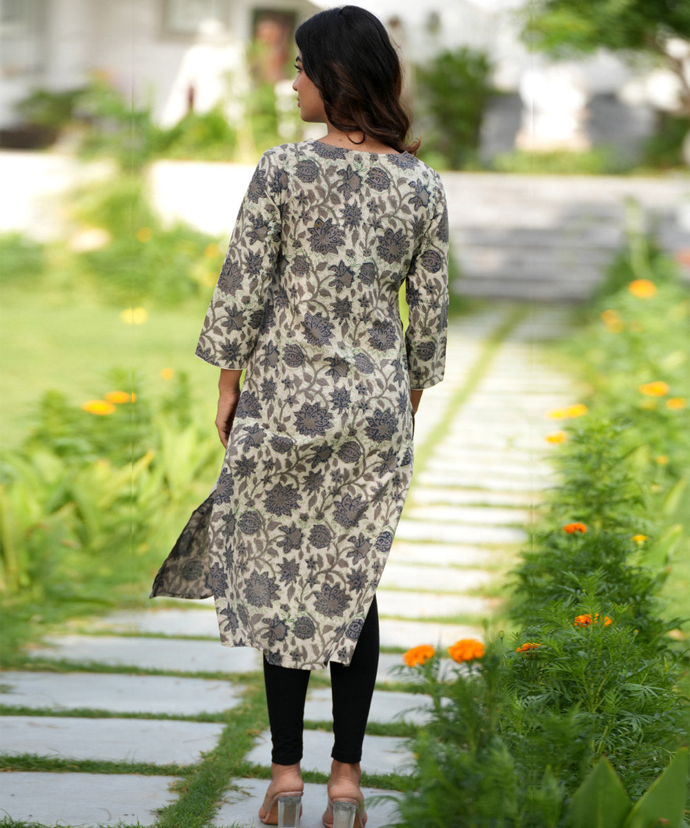 Grey floral handblock printed cotton kurti