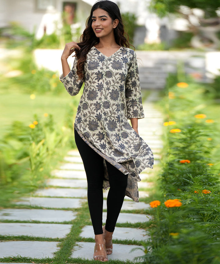 Grey floral handblock printed cotton kurti