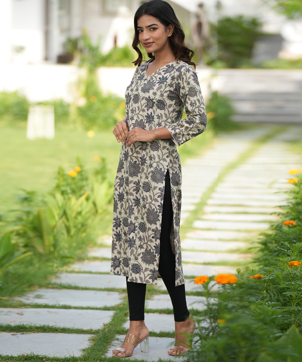 Grey floral handblock printed cotton kurti