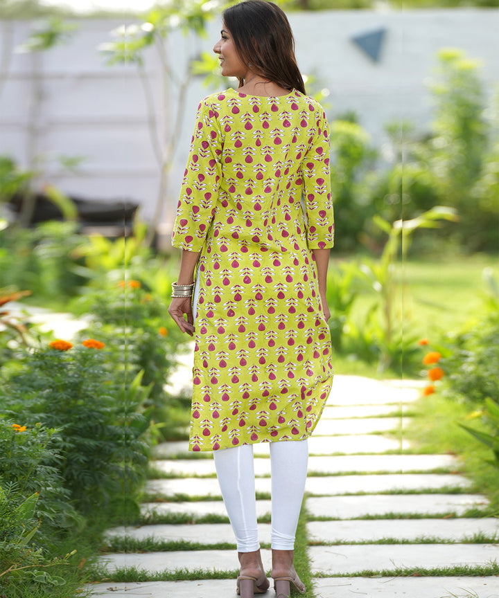Green hand block printed cotton kurti
