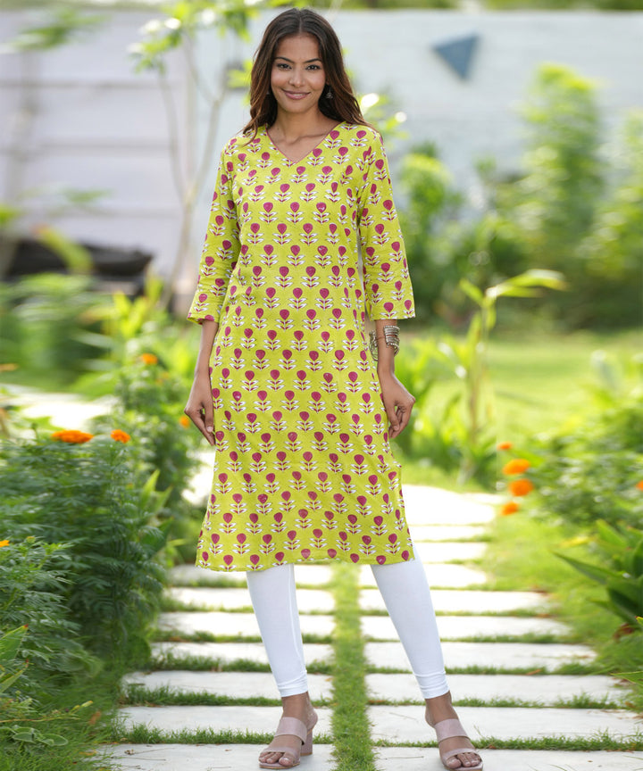 Green hand block printed cotton kurti