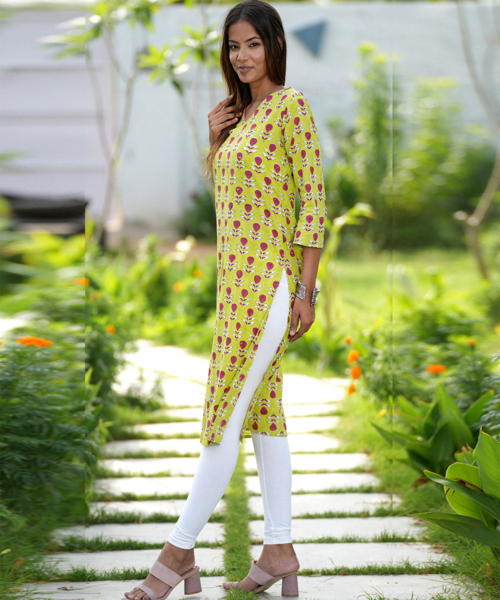 Green hand block printed cotton kurti