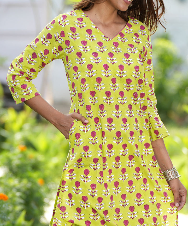 Green hand block printed cotton kurti