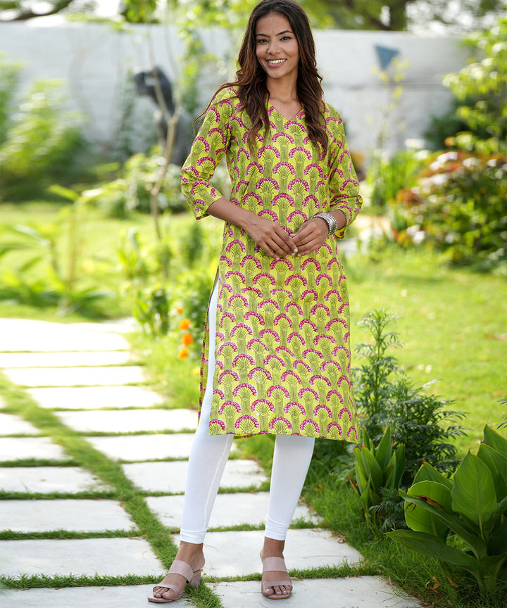 Green handblock printed cotton kurti