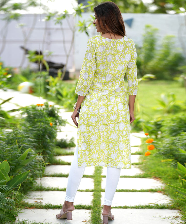 Green white hand block printed cotton kurti