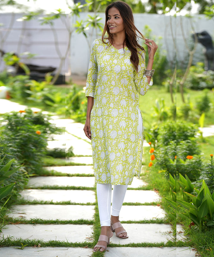 Green white hand block printed cotton kurti