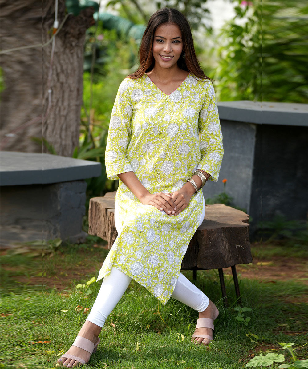 Green white hand block printed cotton kurti