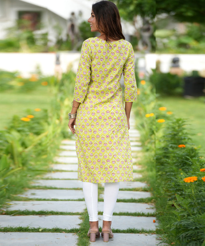Green small handblock printed cotton kurti