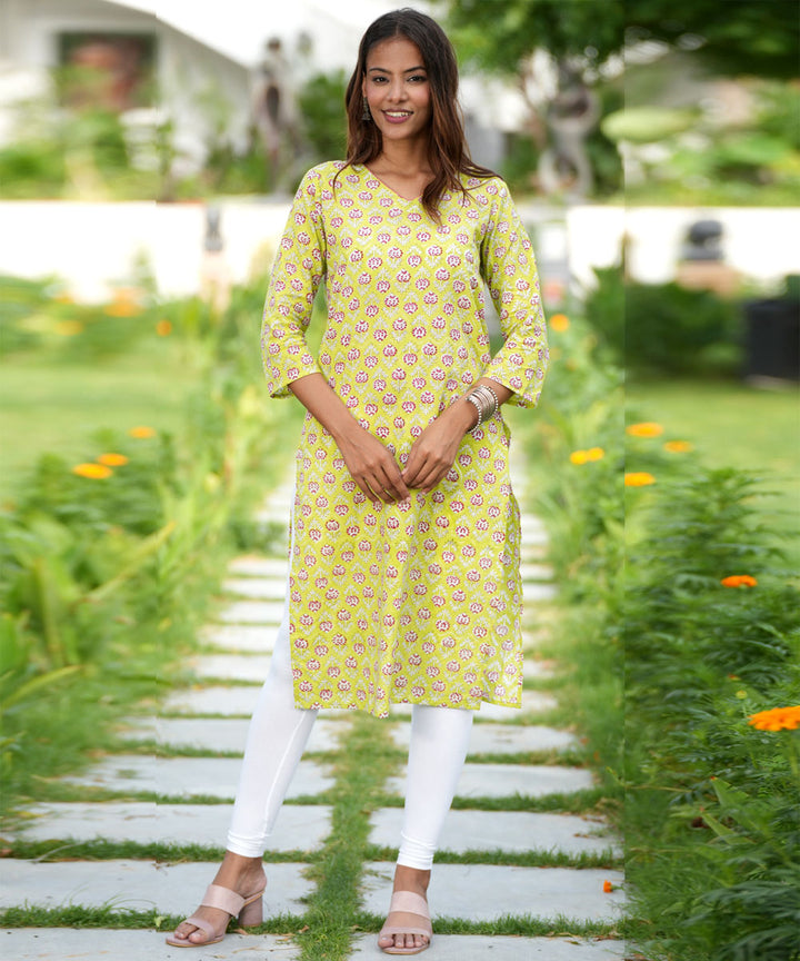 Green small handblock printed cotton kurti