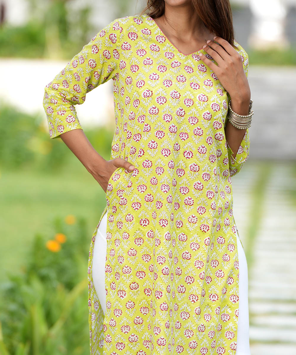 Green small handblock printed cotton kurti