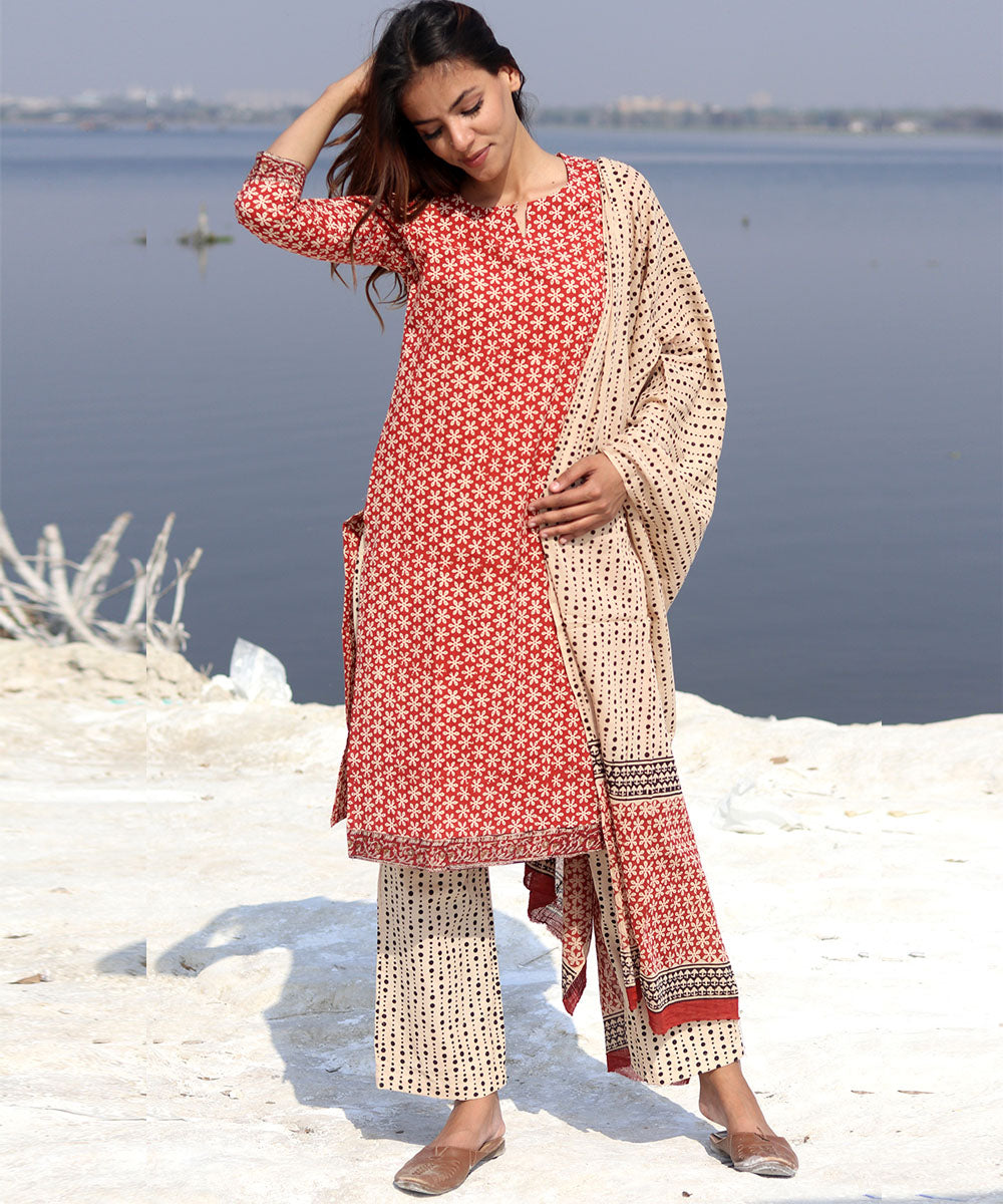 Red handblock printed cotton kurta set