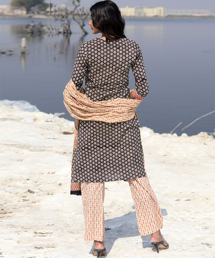 Black handblock printed cotton kurta set