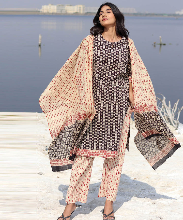 Black handblock printed cotton kurta set