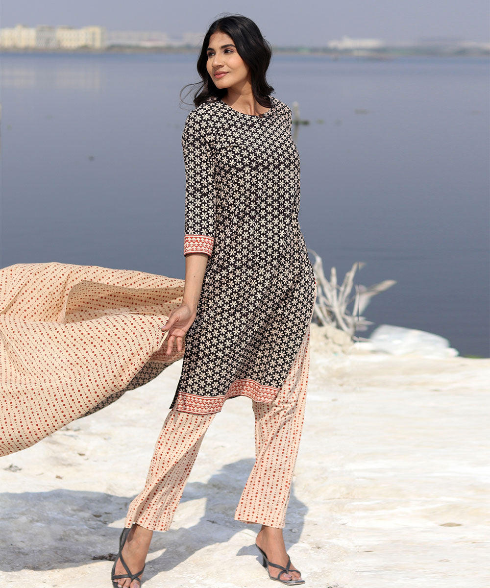 Black handblock printed cotton kurta set