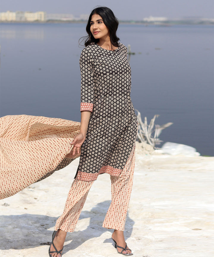 Black handblock printed cotton kurta set