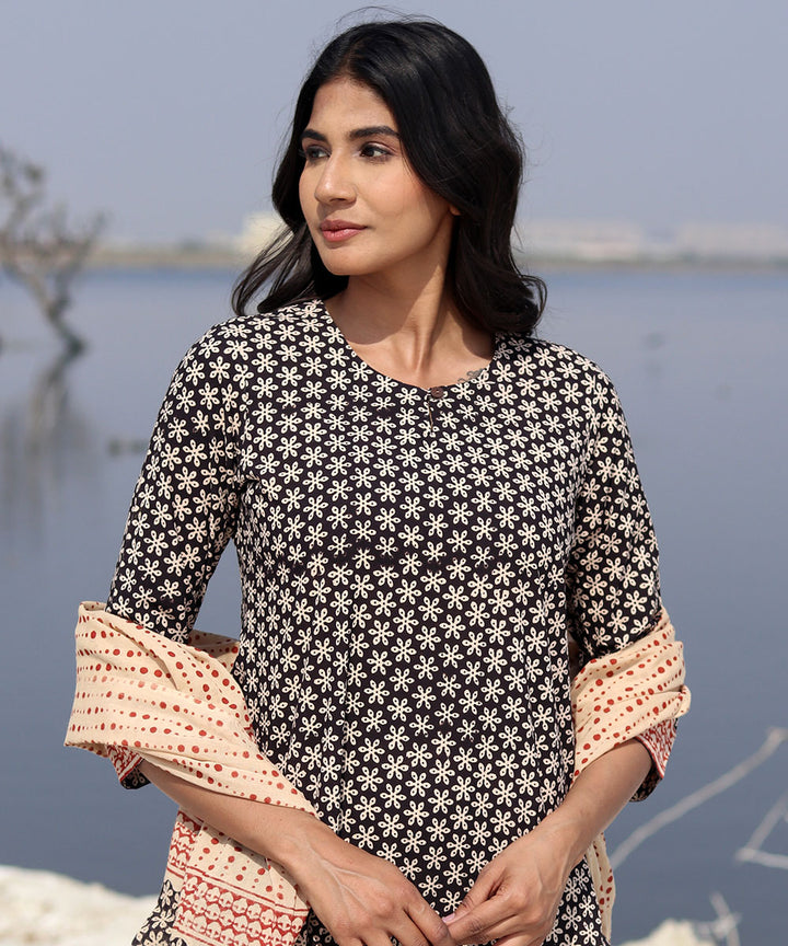 Black handblock printed cotton kurta set
