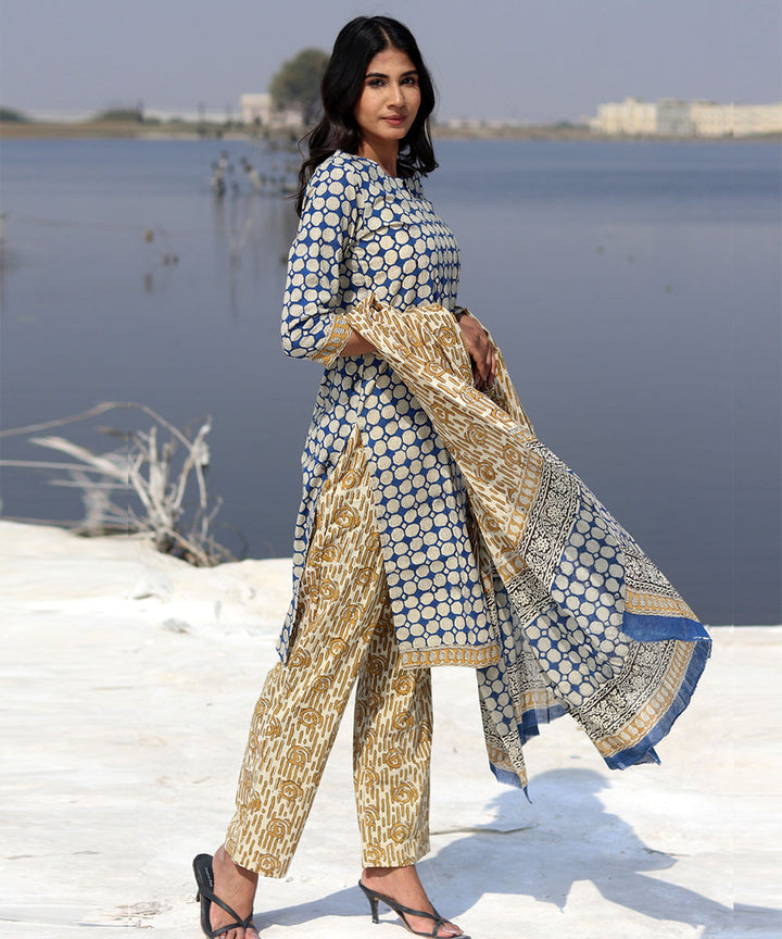 Blue hand block printed cotton kurta set