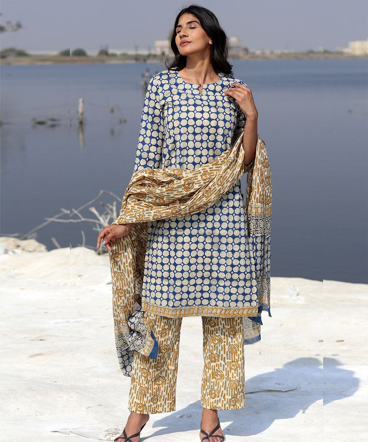 Blue hand block printed cotton kurta set
