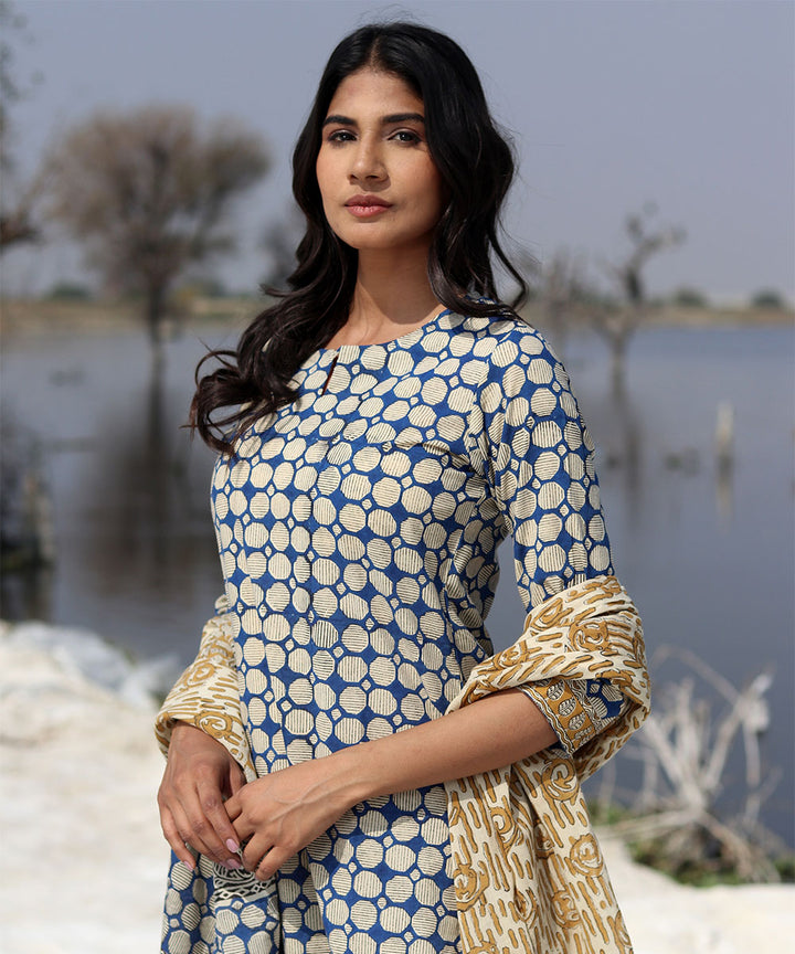 Blue hand block printed cotton kurta set