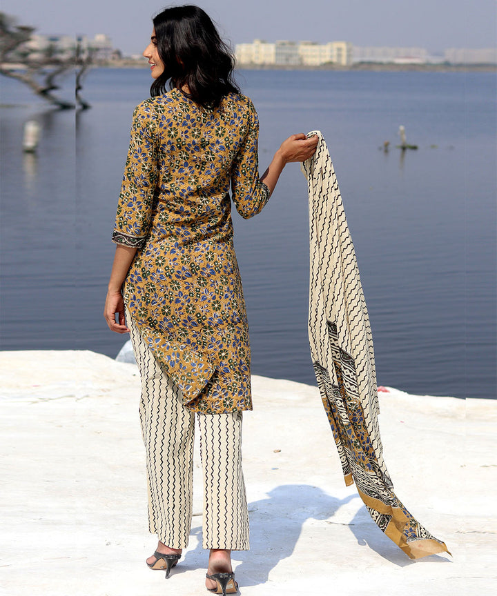 Mustard hand block printed cotton kurta set
