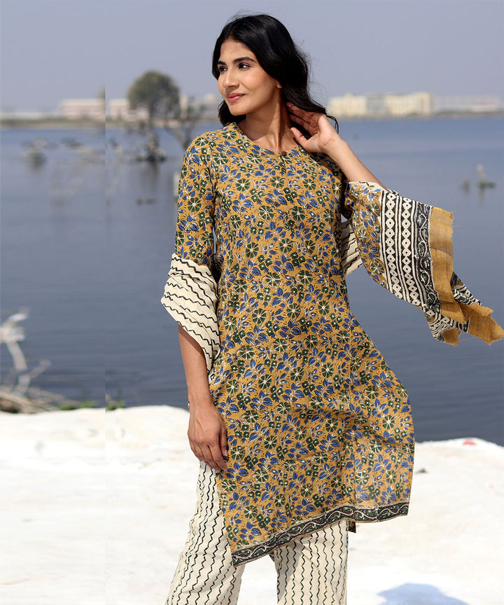 Mustard hand block printed cotton kurta set