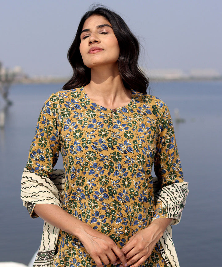 Mustard hand block printed cotton kurta set
