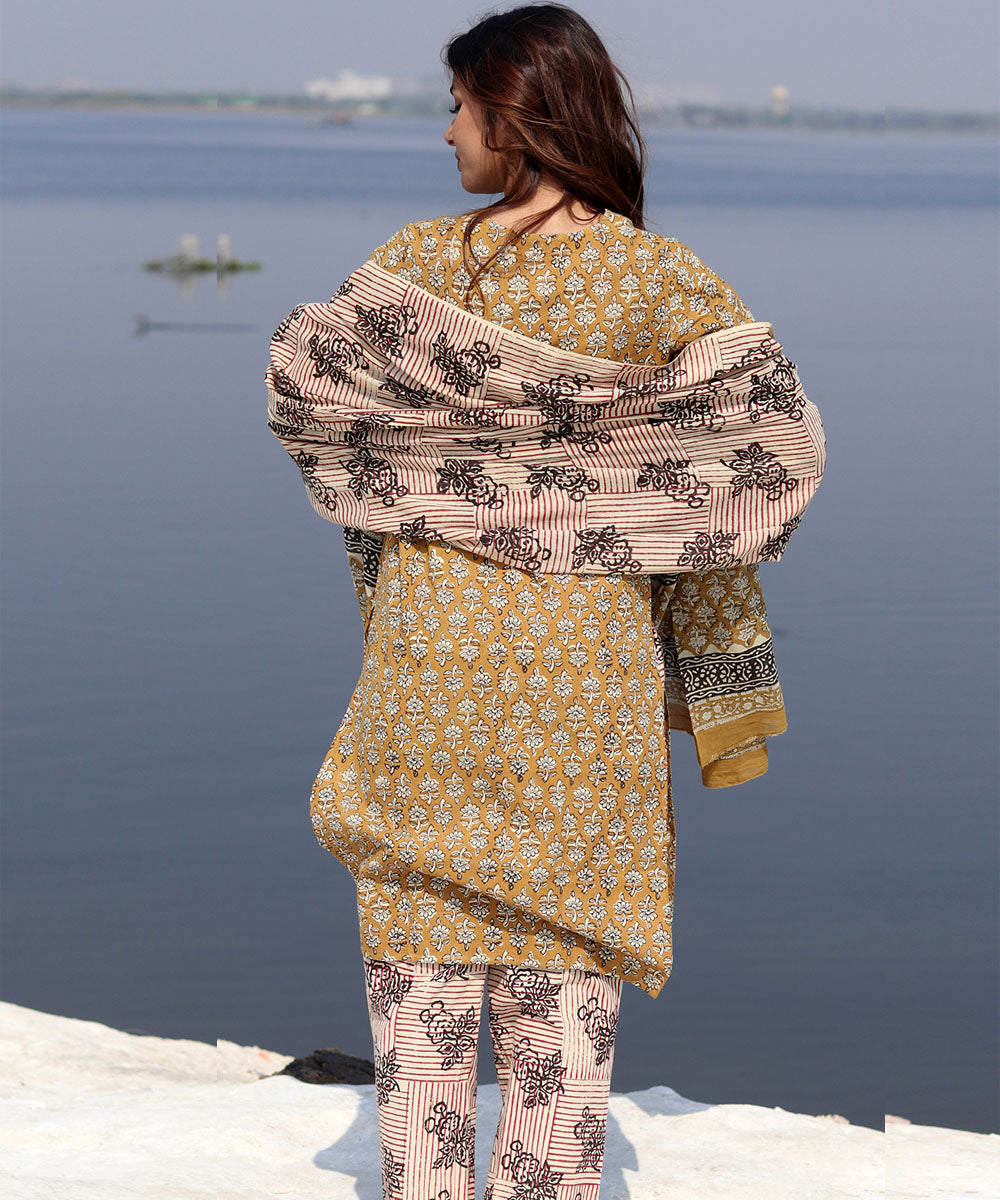Mustard handblock printed cotton kurta set