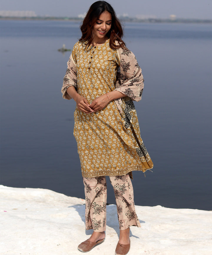 Mustard handblock printed cotton kurta set