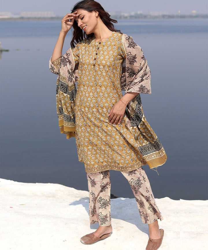 Mustard handblock printed cotton kurta set