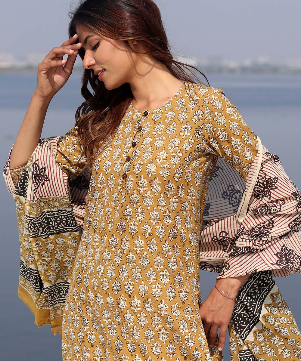Mustard handblock printed cotton kurta set