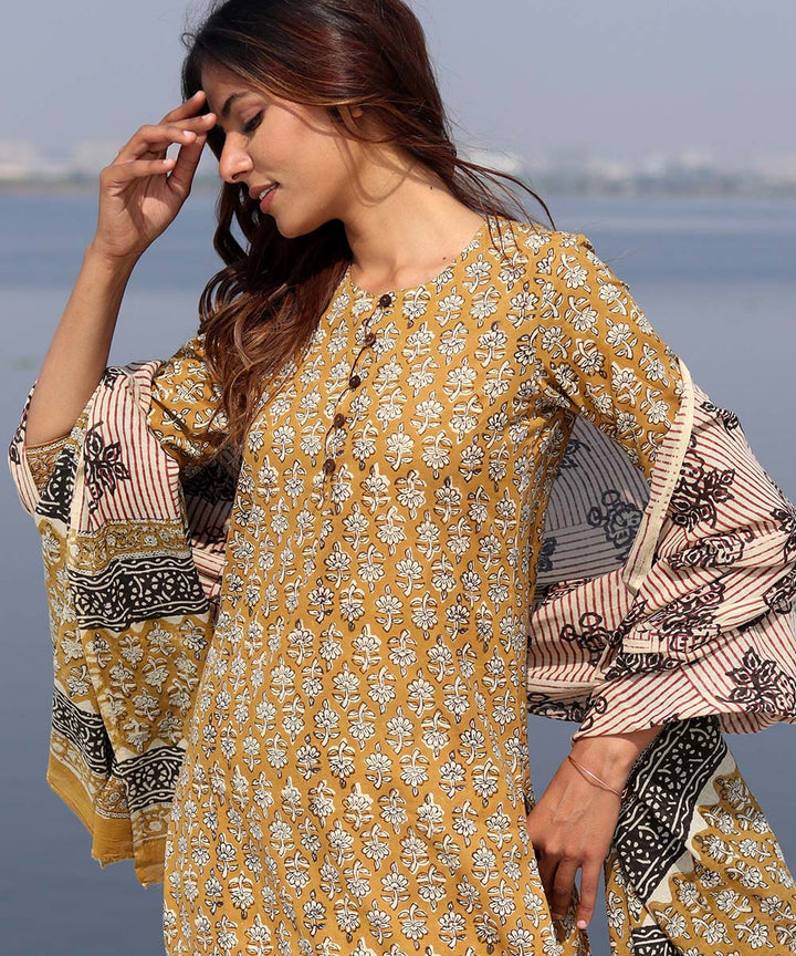 Mustard handblock printed cotton kurta set
