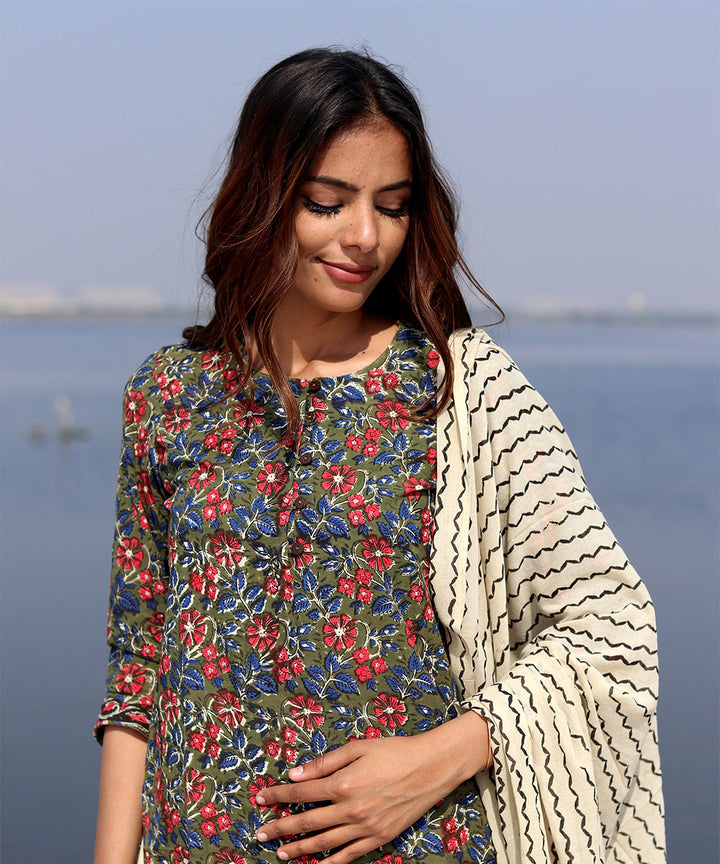 Black floral handblock printed cotton kurta set