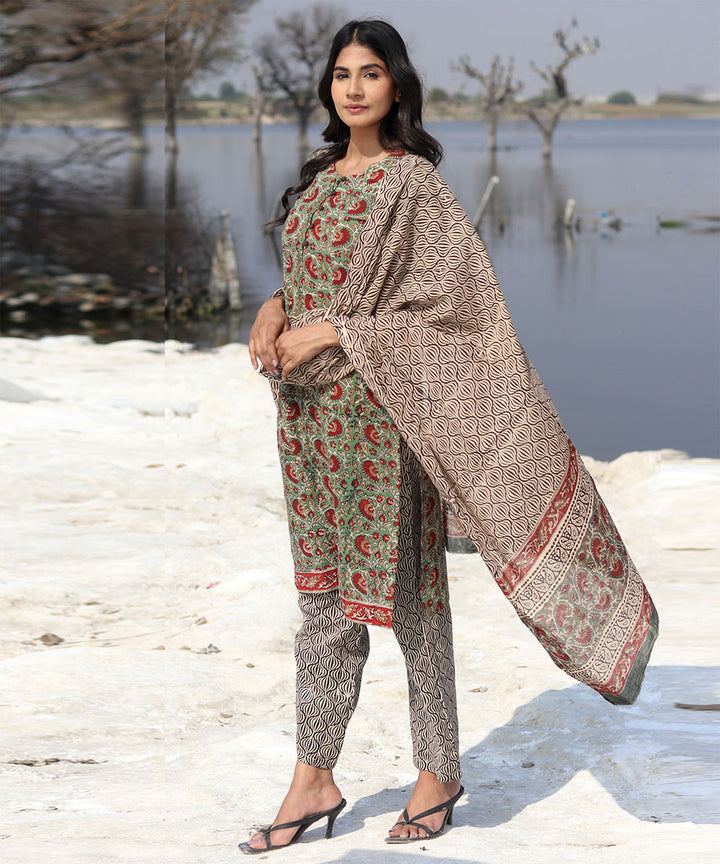 Green Maroon floral hand block printed cotton kurta set
