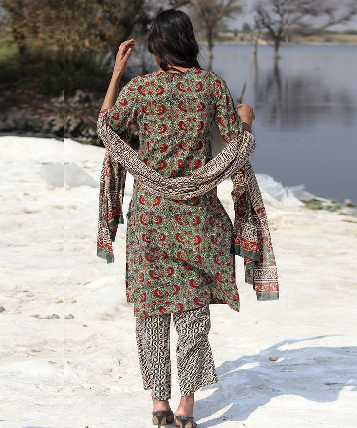 Green Maroon floral hand block printed cotton kurta set