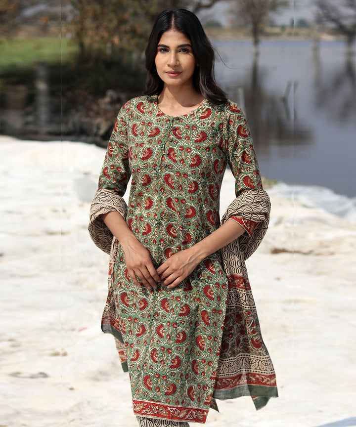 Green Maroon floral hand block printed cotton kurta set