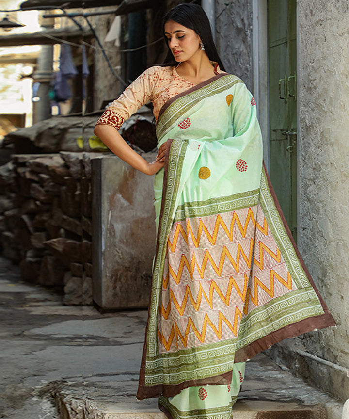 Cyan green brown cotton hand block sanganeri printed saree