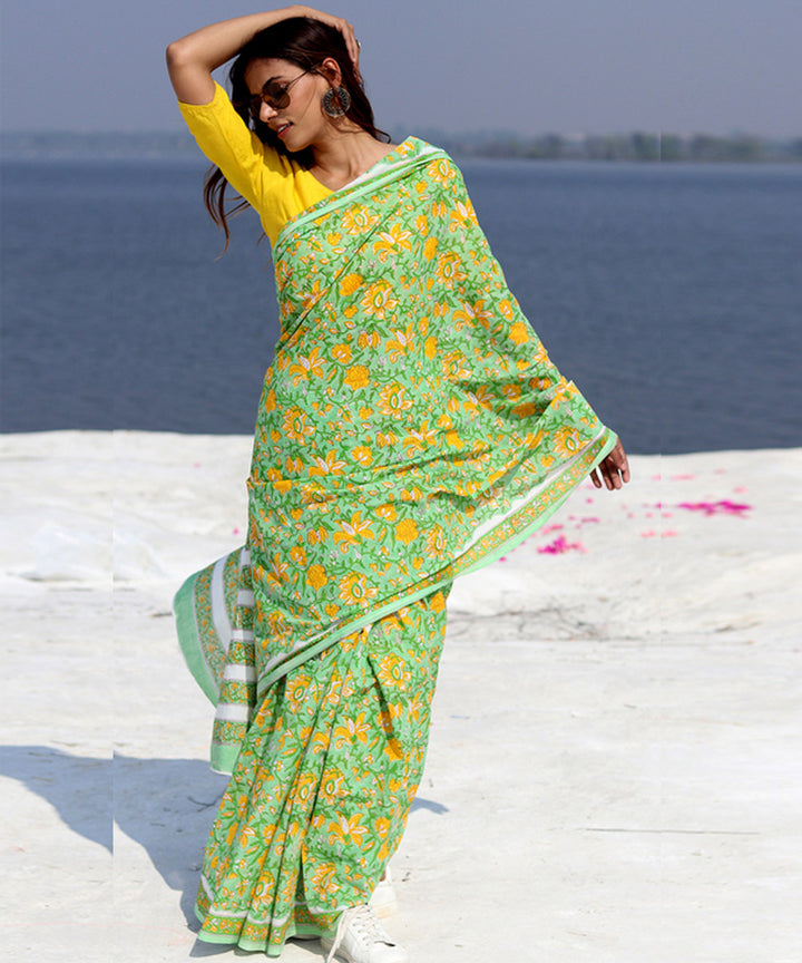 Light green mustard cotton hand block sanganeri printed saree