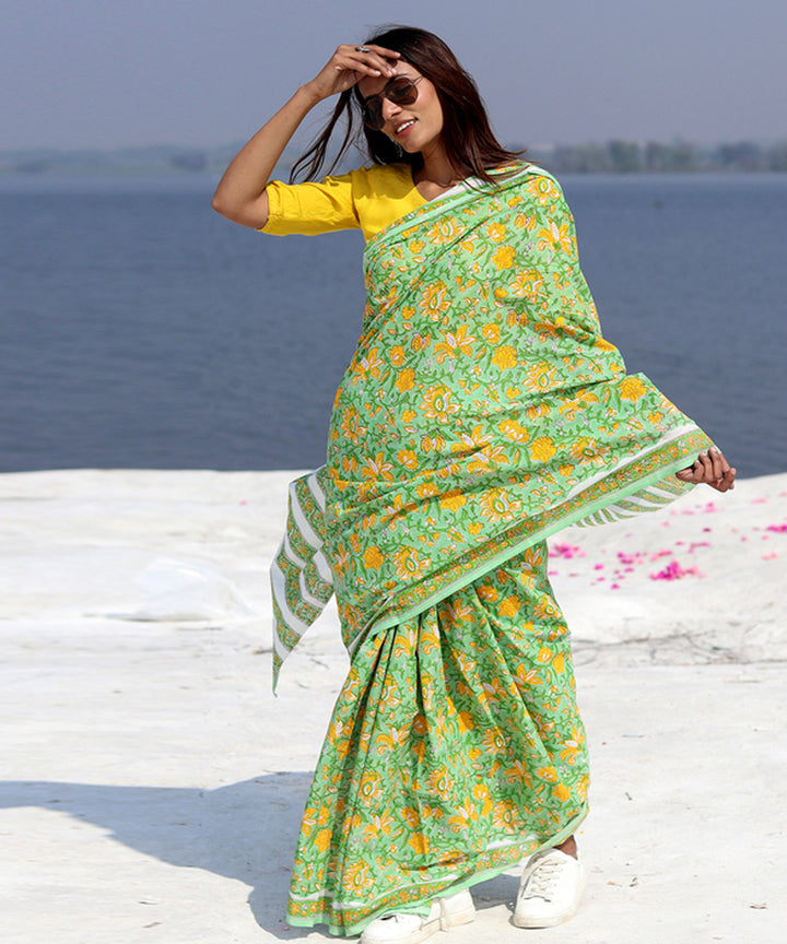Light green mustard cotton hand block sanganeri printed saree
