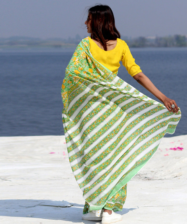 Light green mustard cotton hand block sanganeri printed saree
